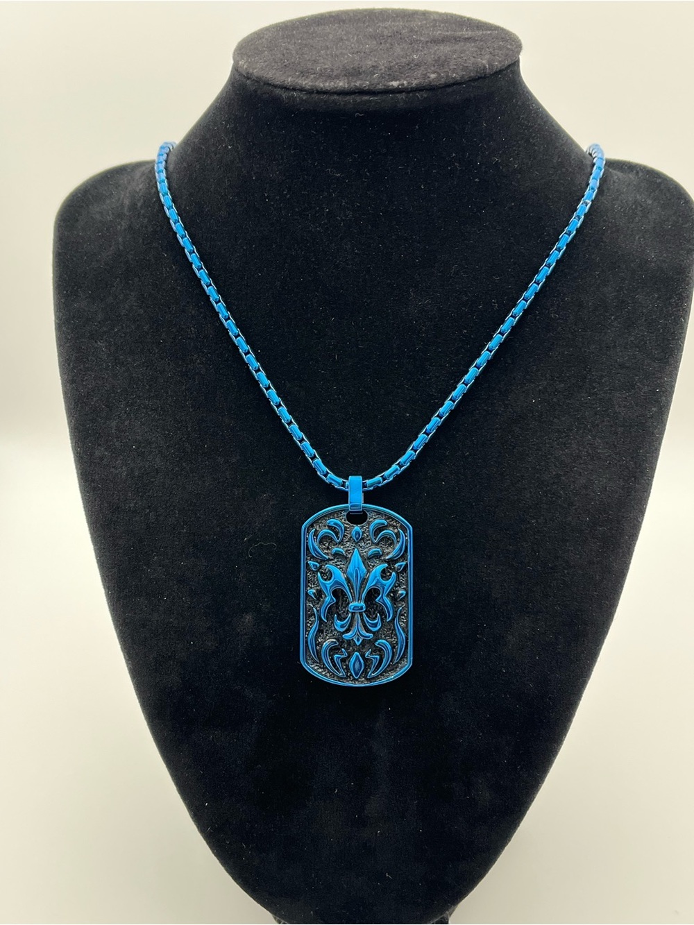 Unisex, 22” Stainless Steel Blue Filigree Dog Tag Necklace